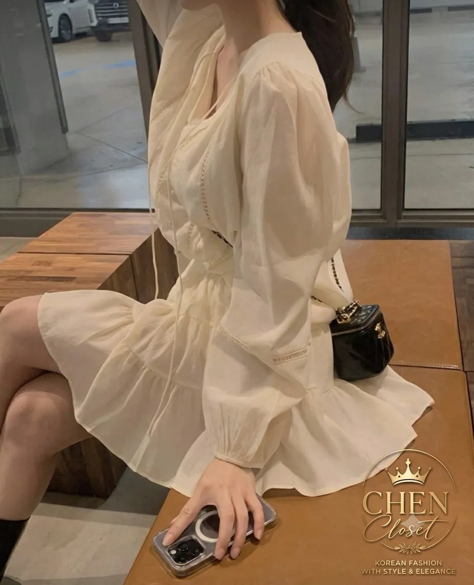 스트링 블라우 스 루즈 퍼프소매 캉캉 미니 투피 스 가을신상