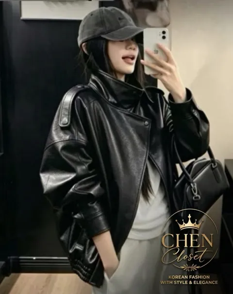 생르랑 하이넥 박시 시크 레자 가죽 자켓