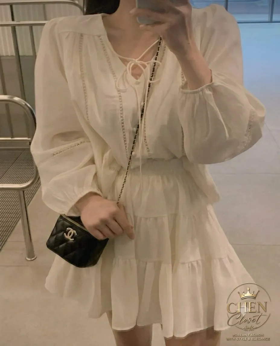 스트링 블라우 스 루즈 퍼프소매 캉캉 미니 투피 스 가을신상