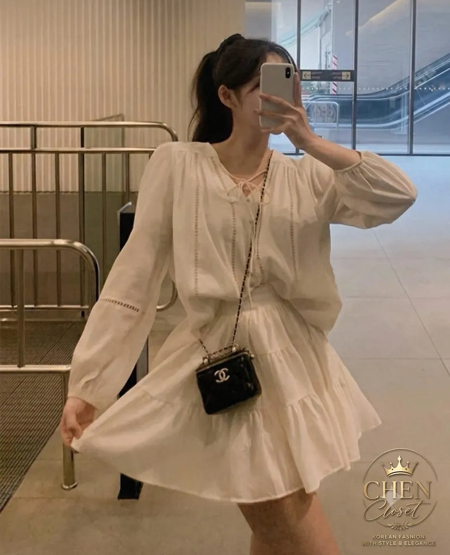 스트링 블라우 스 루즈 퍼프소매 캉캉 미니 투피 스 가을신상